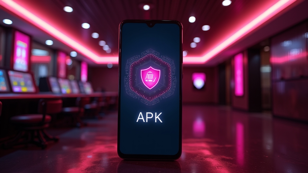هاتف أندرويد يعرض تثبيت ملف APK في أجواء كازينو داكنة